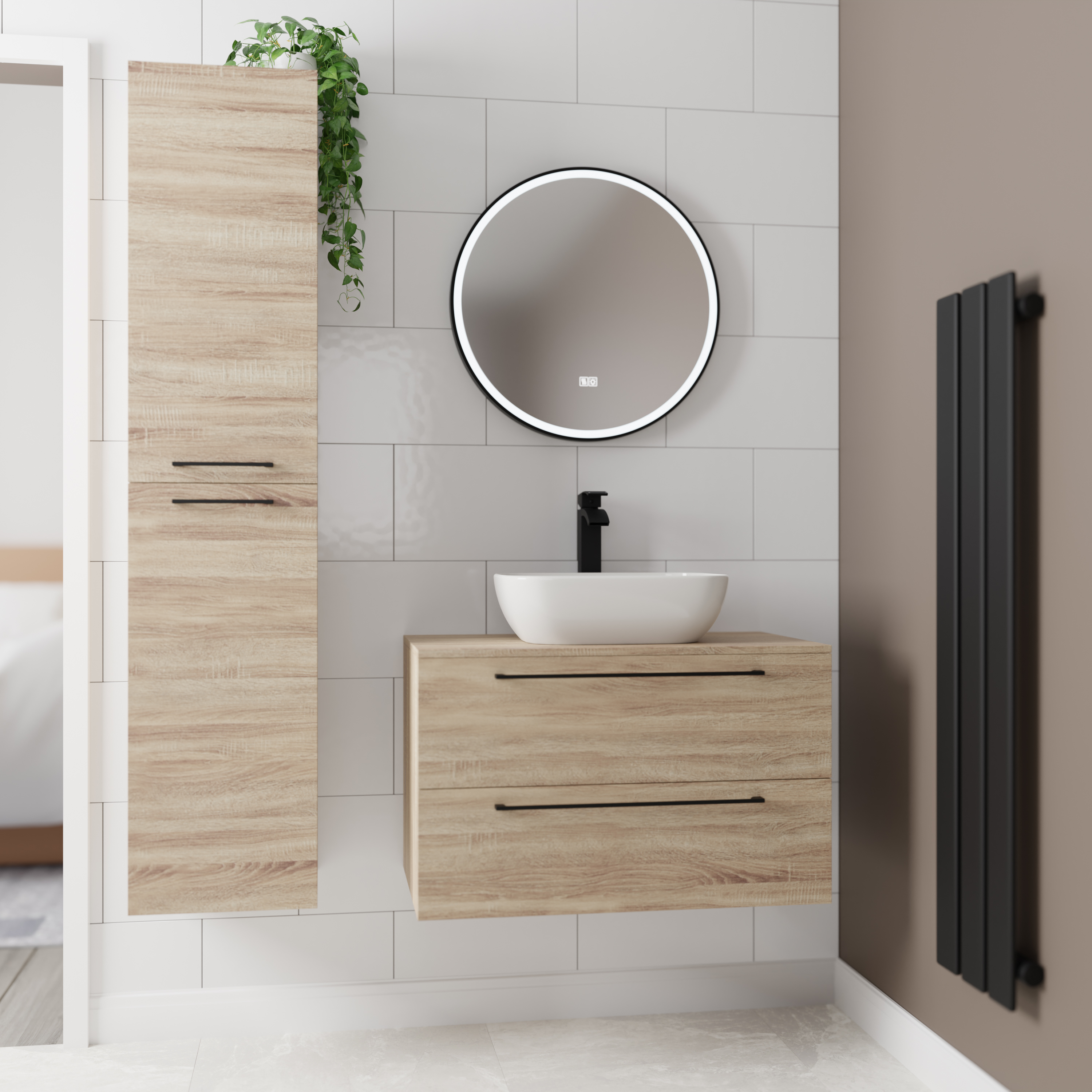Wood effect bathroom suite with black slimline radiator on the wall