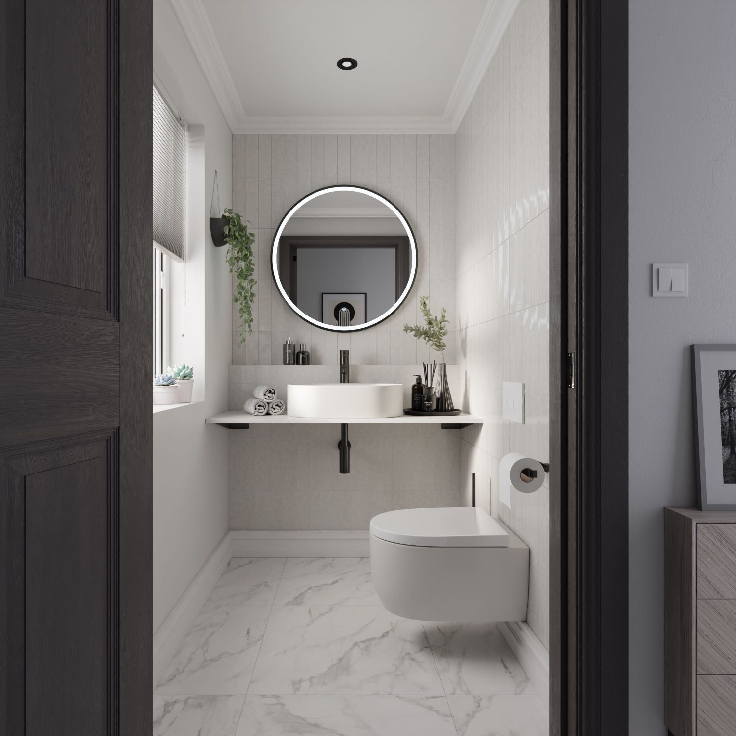 Cloakroom bathroom with marble and plain tiles