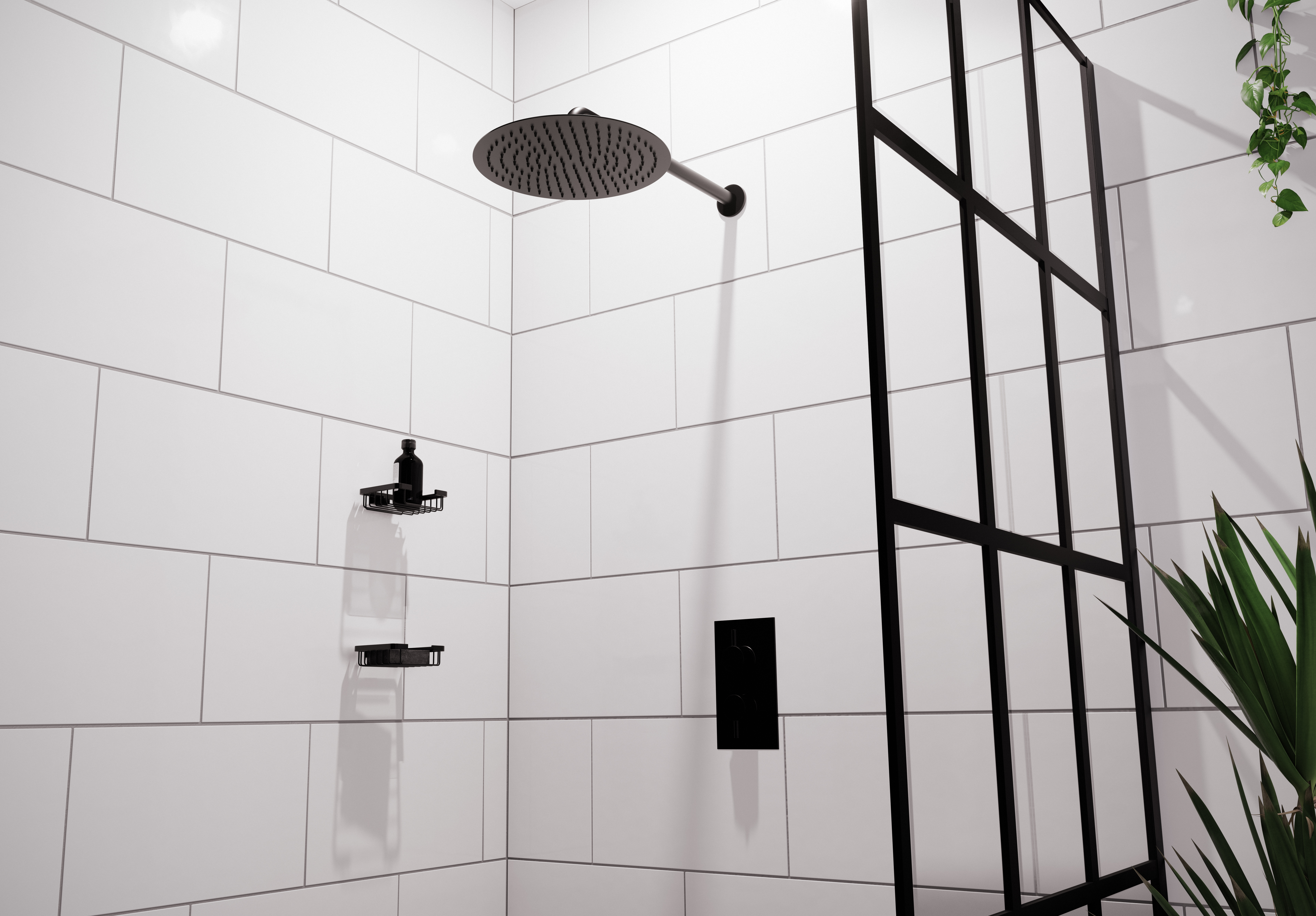 Corner entry shower enclosure with a matt black details