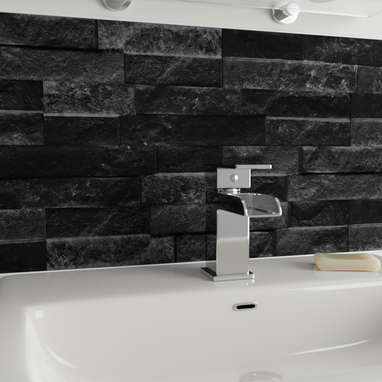 Stone-Effect Tiled Bathroom Feature Wall Behind Sink