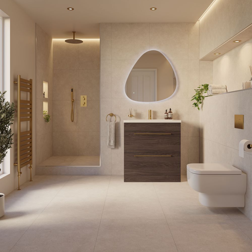 Tile drenched bathroom with beige tiles on floor and wall