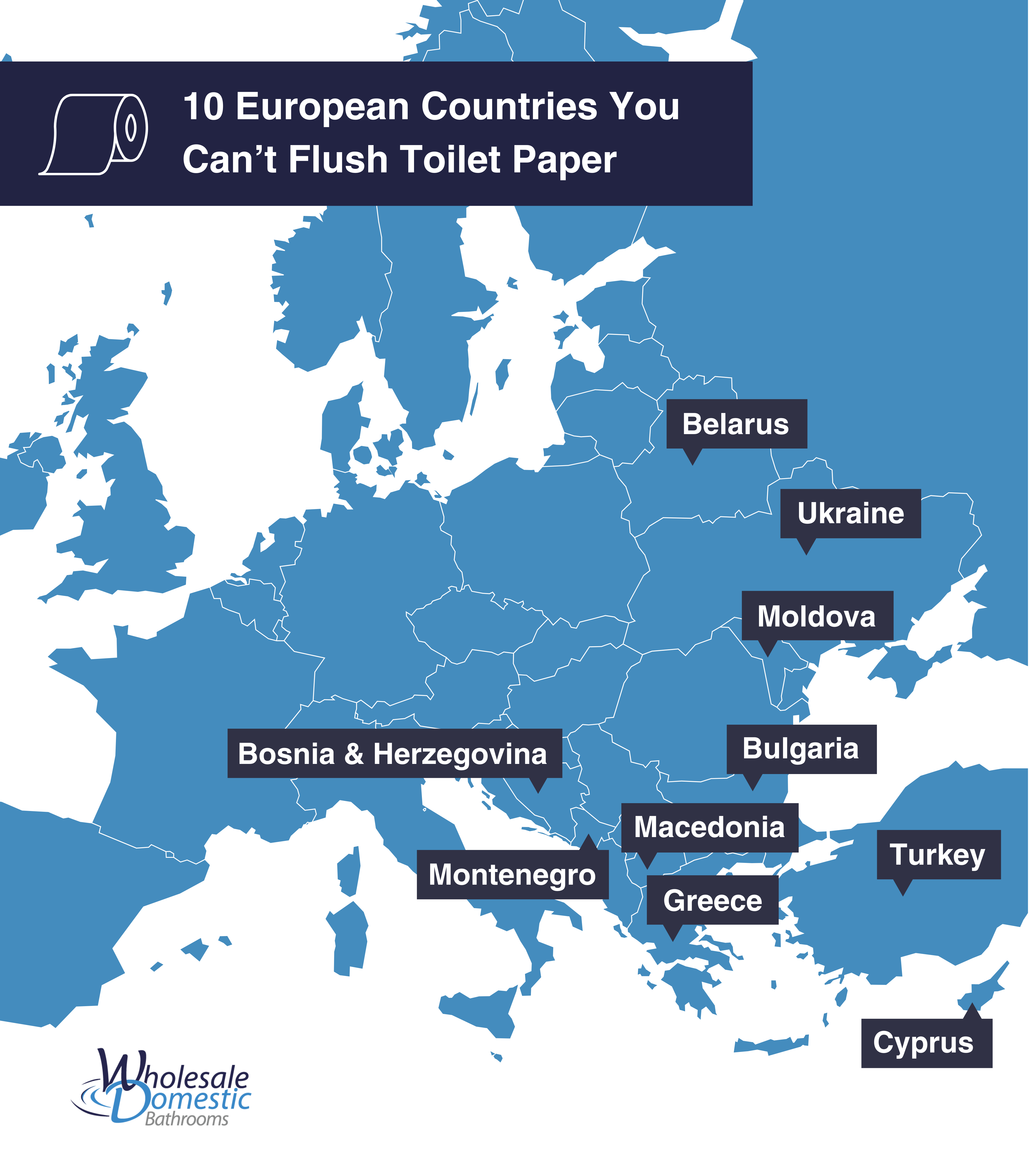 Map of countries in Europe showing where you can't flush toilet paper