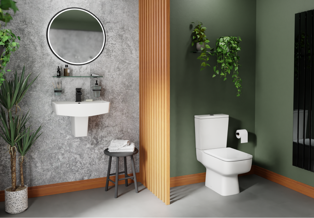 Modern bathroom with semi-pedestal basin, round mirror and square close coupled toilet