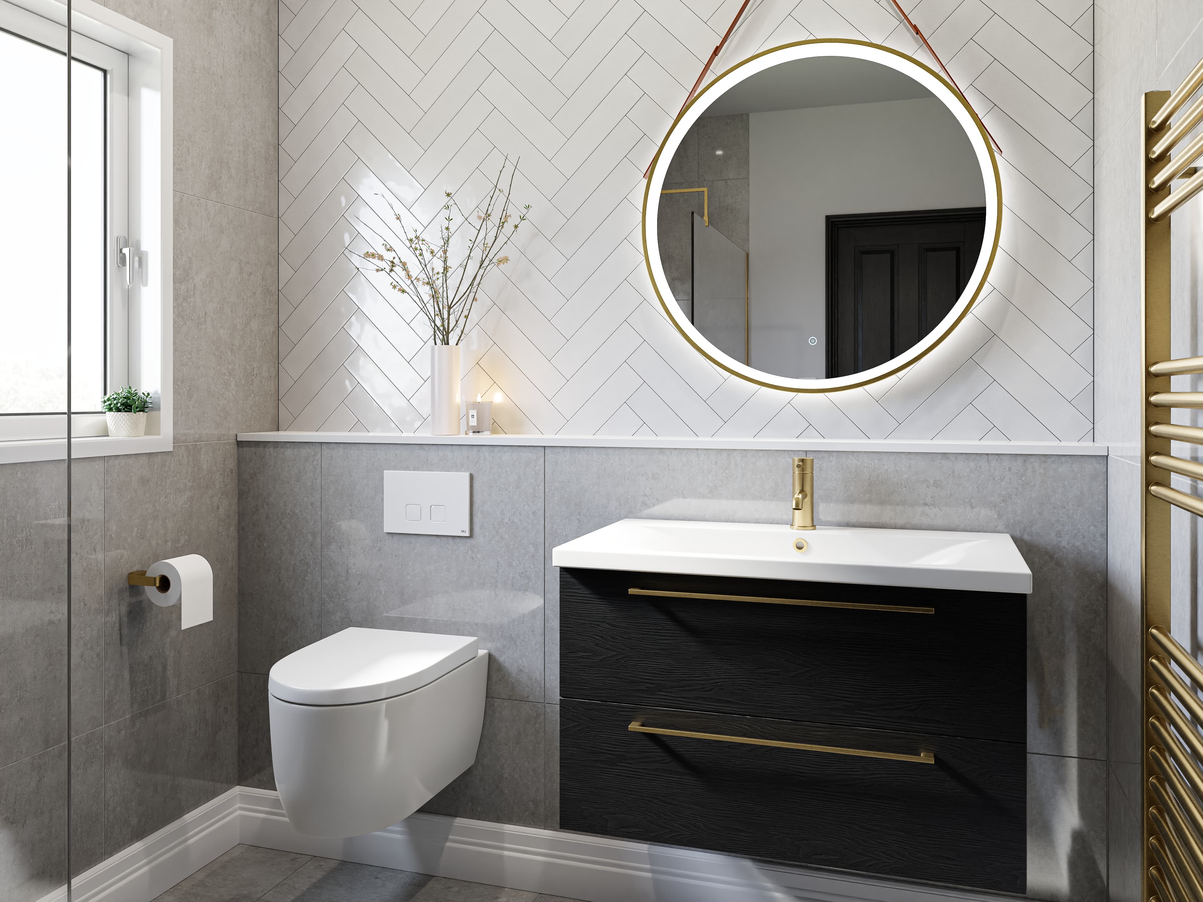 Grey and white tiled bathroom suite with navy and gold vanity unit