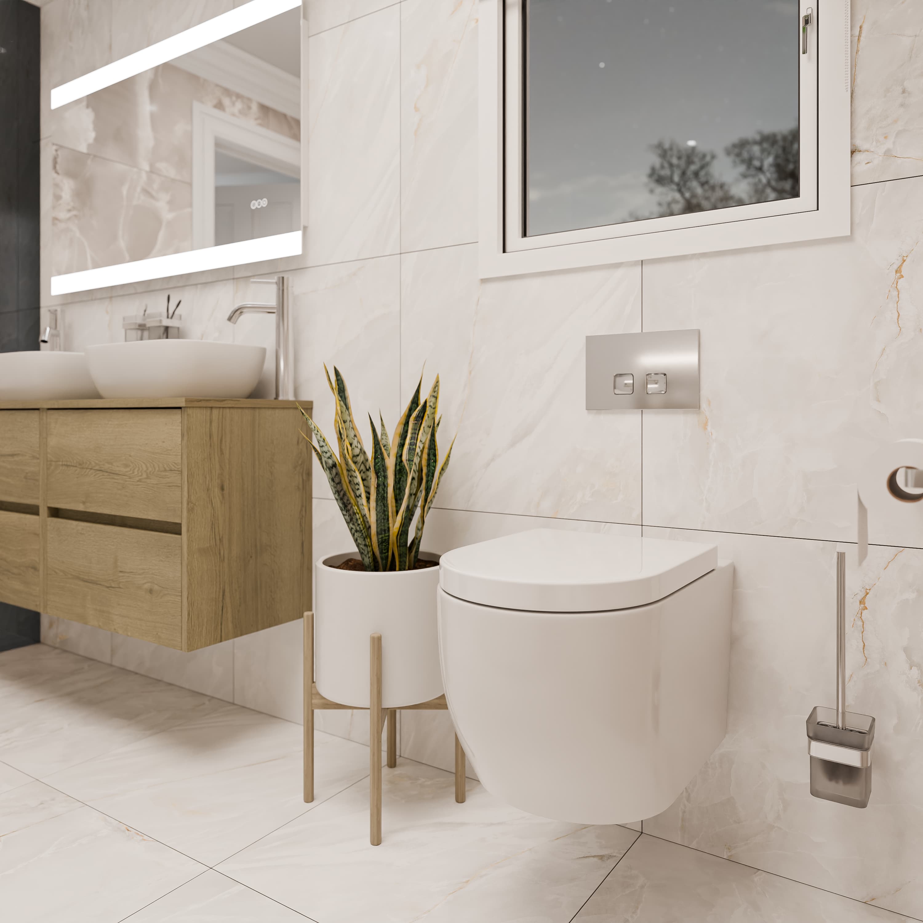Neutral bathroom suite with wall hung toilet, chrome fixtures and greenery