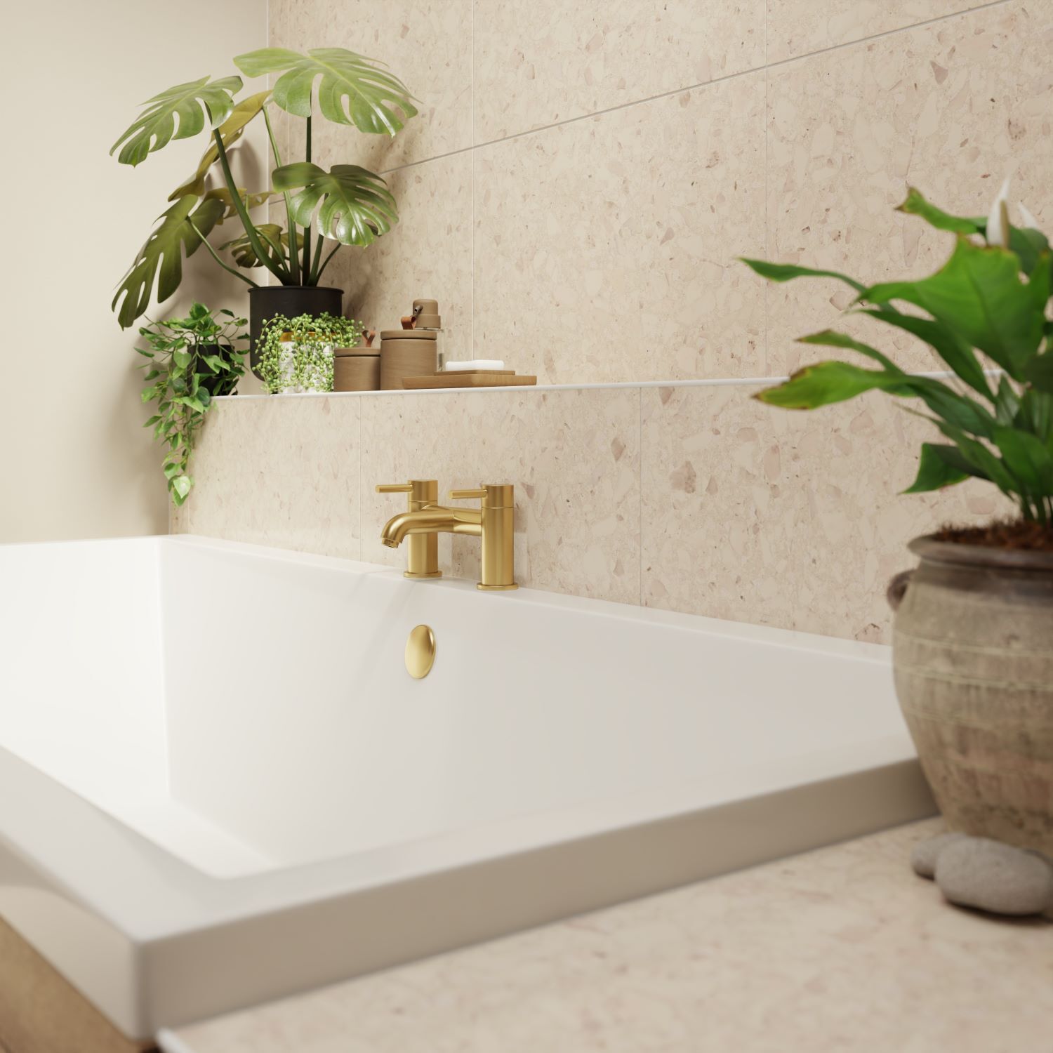 Rustic effect beige tile with brass fittings in bathroom