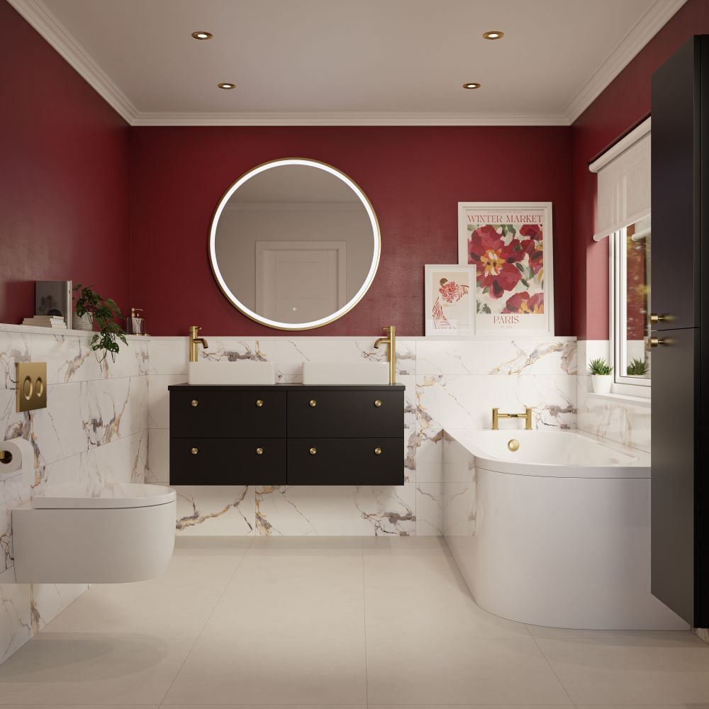 Wine red bathroom walls above marble tiles
